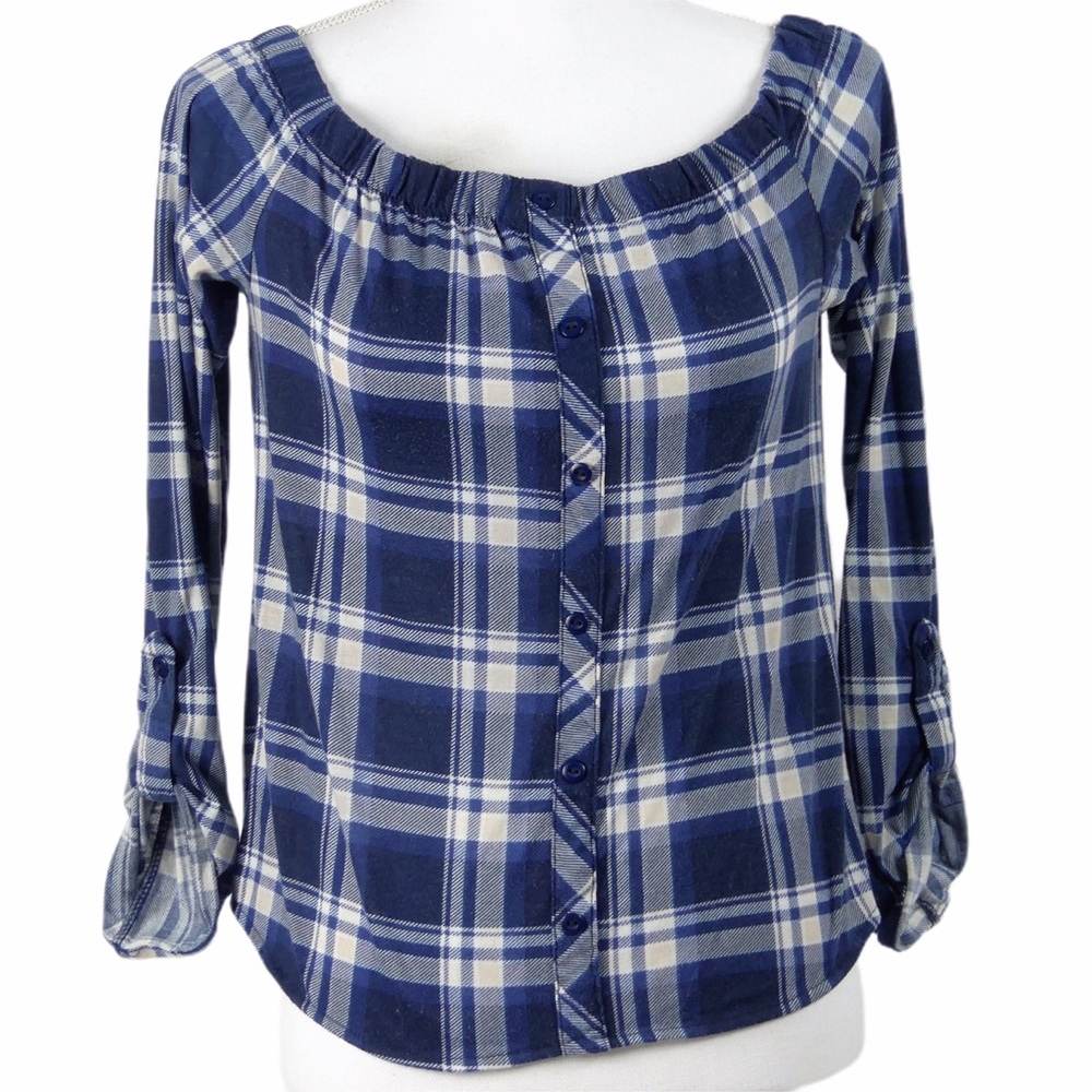 Stella Tweed Blue White Plaid Off Shoulder…
